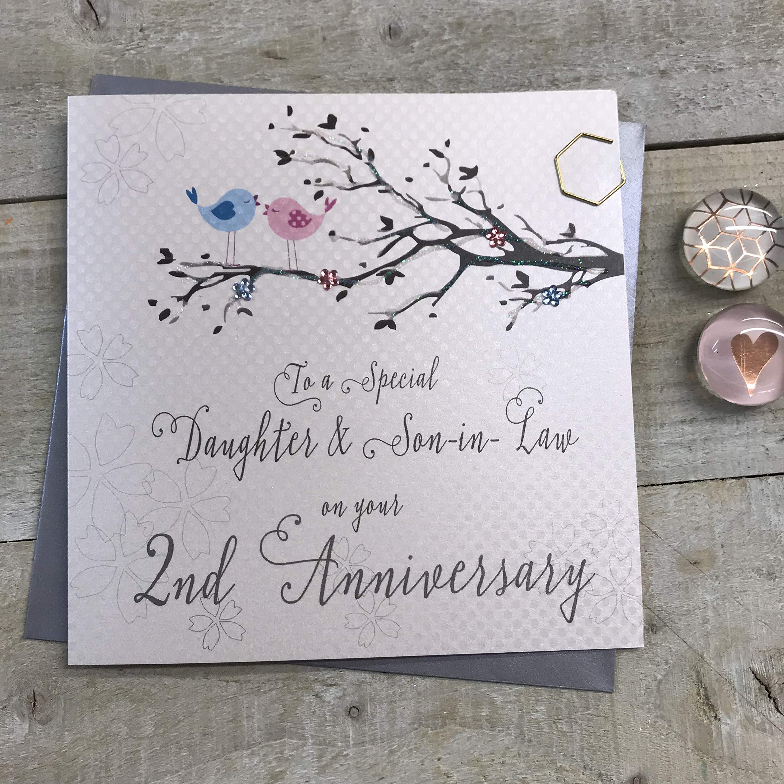 White Cotton Cards Daughter & Son-in-Law 2nd Wedding Anniversary Card Second Cotton Birds and Tree branch PD193-2,16cm x 16cm