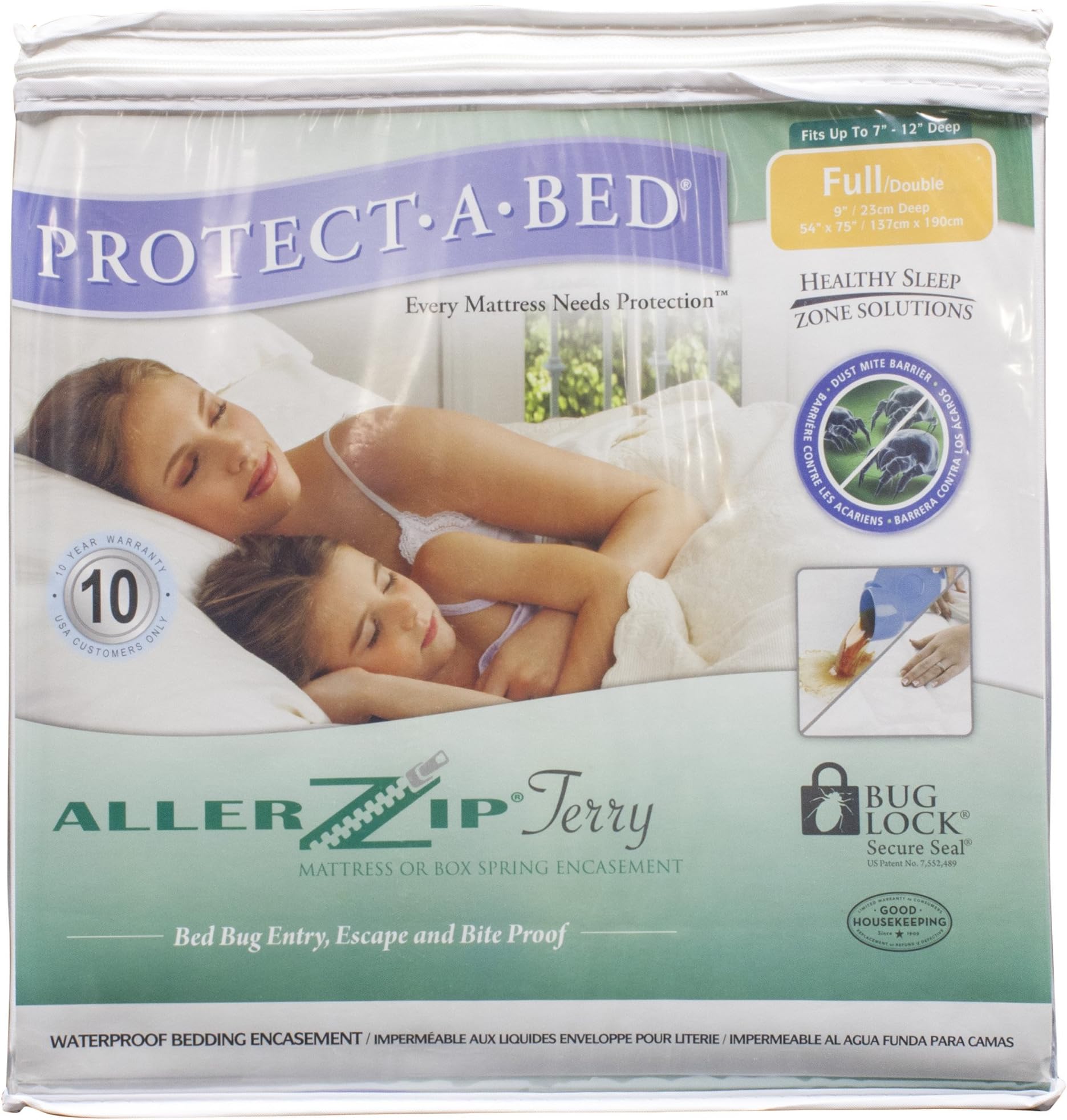 AllerZip Waterproof Bed Bug Proof Zippered Bedding Encasement, Full Size (7"-12" Deep)