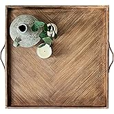 LUIYO Large Ottoman Wood Tray- with Leather Handle Decorative Wooden 24 x 24 x1.5 Inches Square Serving Tray Best for Coffee Table, Living Room and Kitchen (Large 24 * 24)