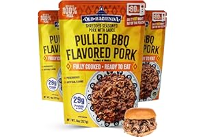 Old Hacienda Pulled BBQ Flavored Pork | 100% Shredded Seasoned Pork with Sauce | Fully Cooked & Ready to Eat | 29g Protein | No Preservatives or Artificial Flavors | BPA Free Pouch | Pack of 3 - 8oz