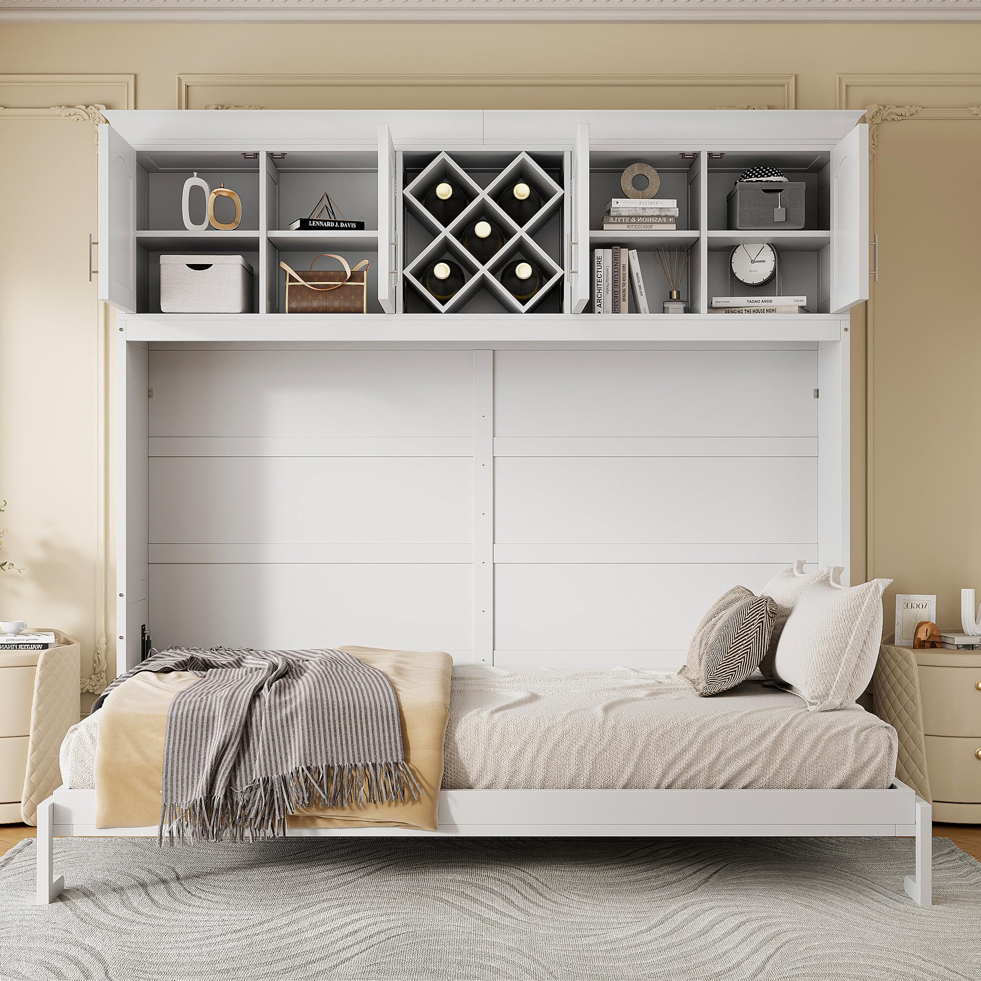 Photo 1 of ***Only Boxes 2/4 And 4/4*** SOFTSEA Queen Size Horizontal Murphy Bed with Storage, Hidden Wall Bed with Top Cabinets & Wine Racks, 88 Inch Folding Bed Space-Saving for Guest Room Bedroom Office, White