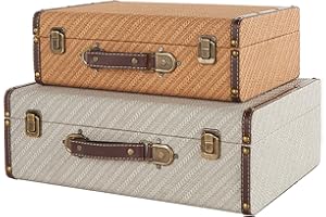 Deco 79 Wooden Decorative Trunk Vintage Studded Woven Storage Decorative Large Boxes with Bronze Latches and Brown Handles, Set of 2 Storage Trunks 16", 14" W, Multi Colored