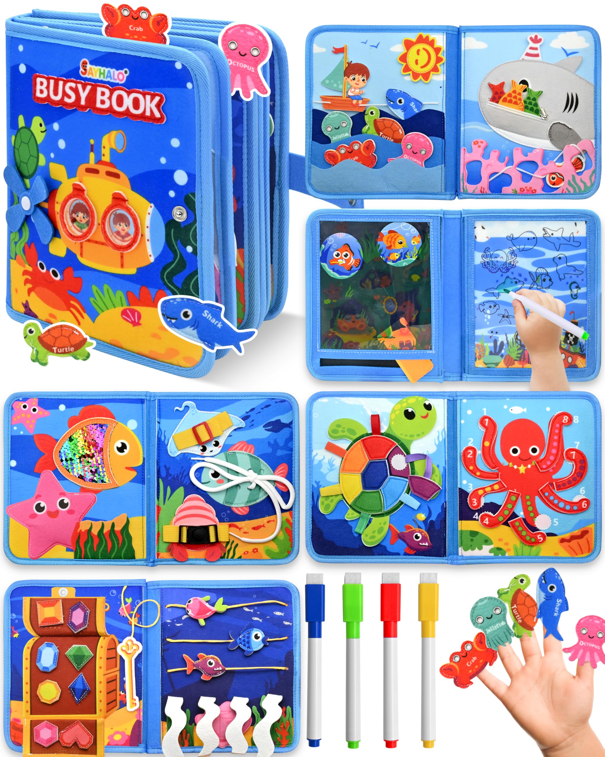 Toys for 1-2-3 Year Old Boys Girls Toddler: Montessori Busy Board for 1 2 3 4 Year Old Boy Girl Gifts | 1st Birthday Present Animal Ocean Busy Book for Kid Age 2-3 Baby Sensory Travel Educational Toy