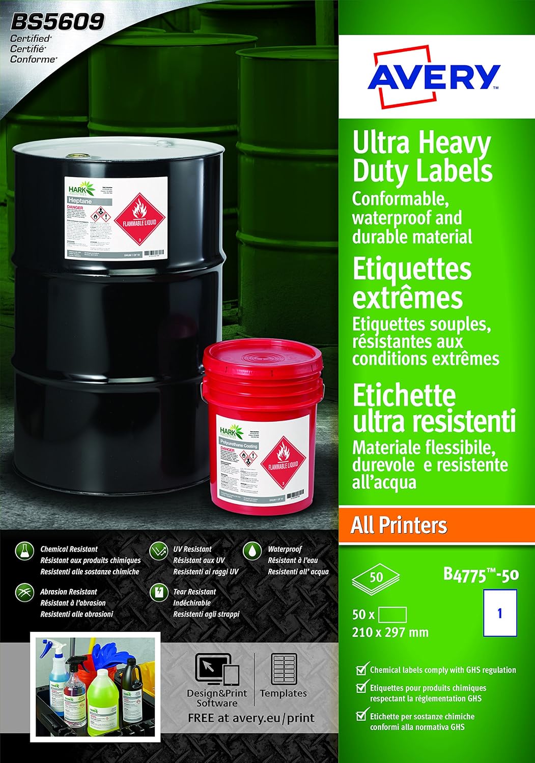 Avery Ultra Heavy Duty Industrial Waterproof GHS Labels - White (210 x 297mm) B4775-50, 210 x 297 mm