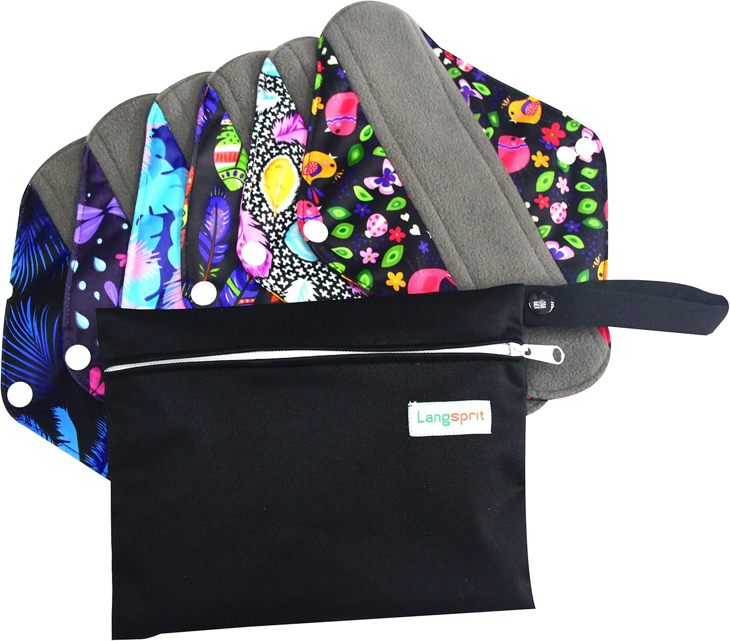 7pcs Set 1 pc Mini Wet Bag +6pcs Absorbent Reusable Sanitary Pads/Washable Bamboo Cloth Menstrual Pads (M,Feather): Health & Personal Care