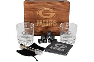 The Memory Company Licensed NFL Wood Boxed Drinkware Gift Set - Includes 2 Premium Rock Glasses, Cooling Cubes, Tongs, and Coasters, Green Bay Packers