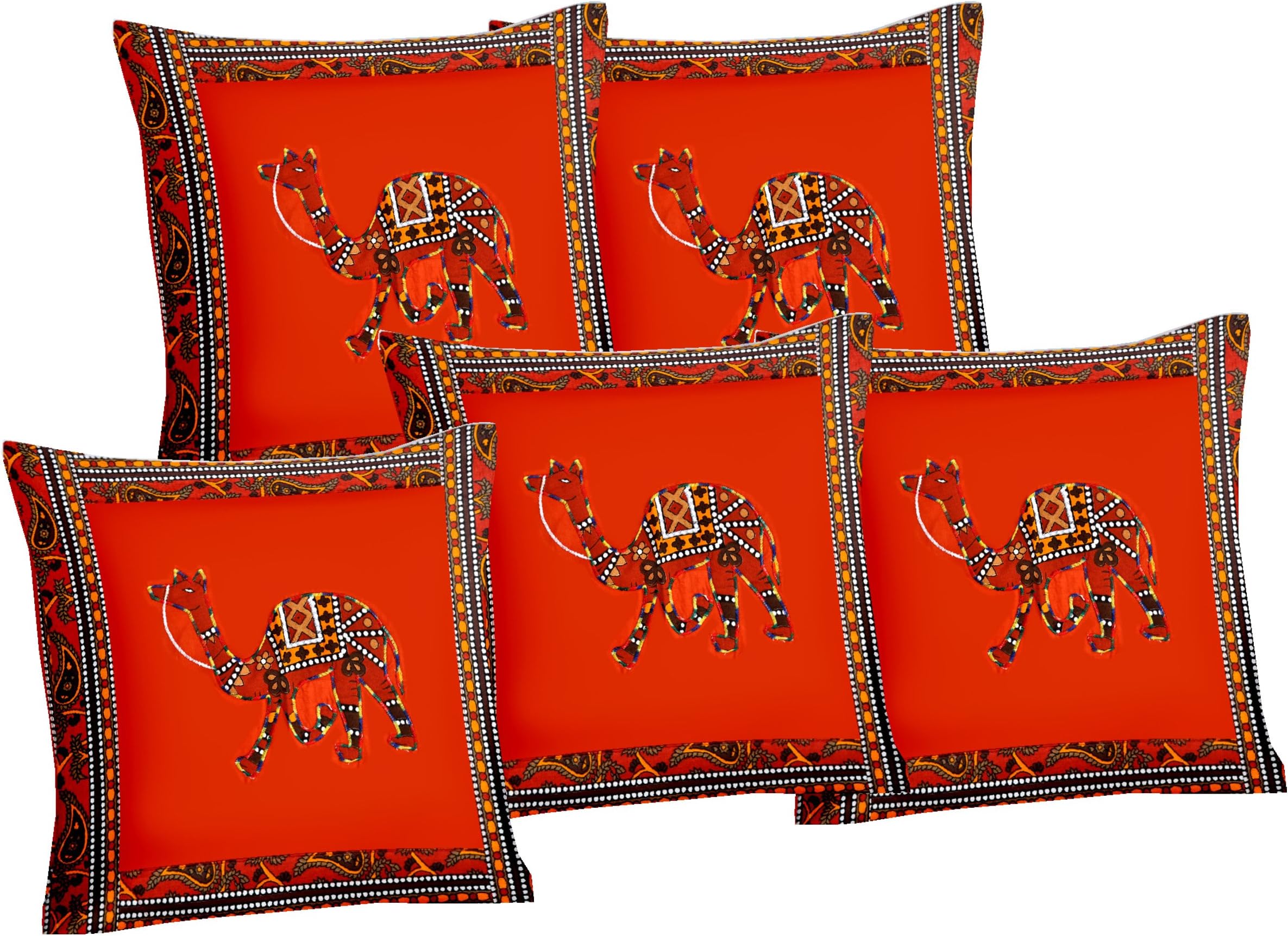 Lali prints Patch Work Camel Designer Print Cotton Cushion Cover (16 X 16 Inches, Dark Orange) -Set of 5