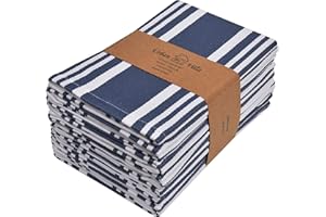 Urban Villa ,Trendy Stripes cloth napkins Set of 12 Indigo Blue/White Color dinner napkins 20x20 Inches 100% Cotton Over Sized , with Mitered Corners dinner napkins