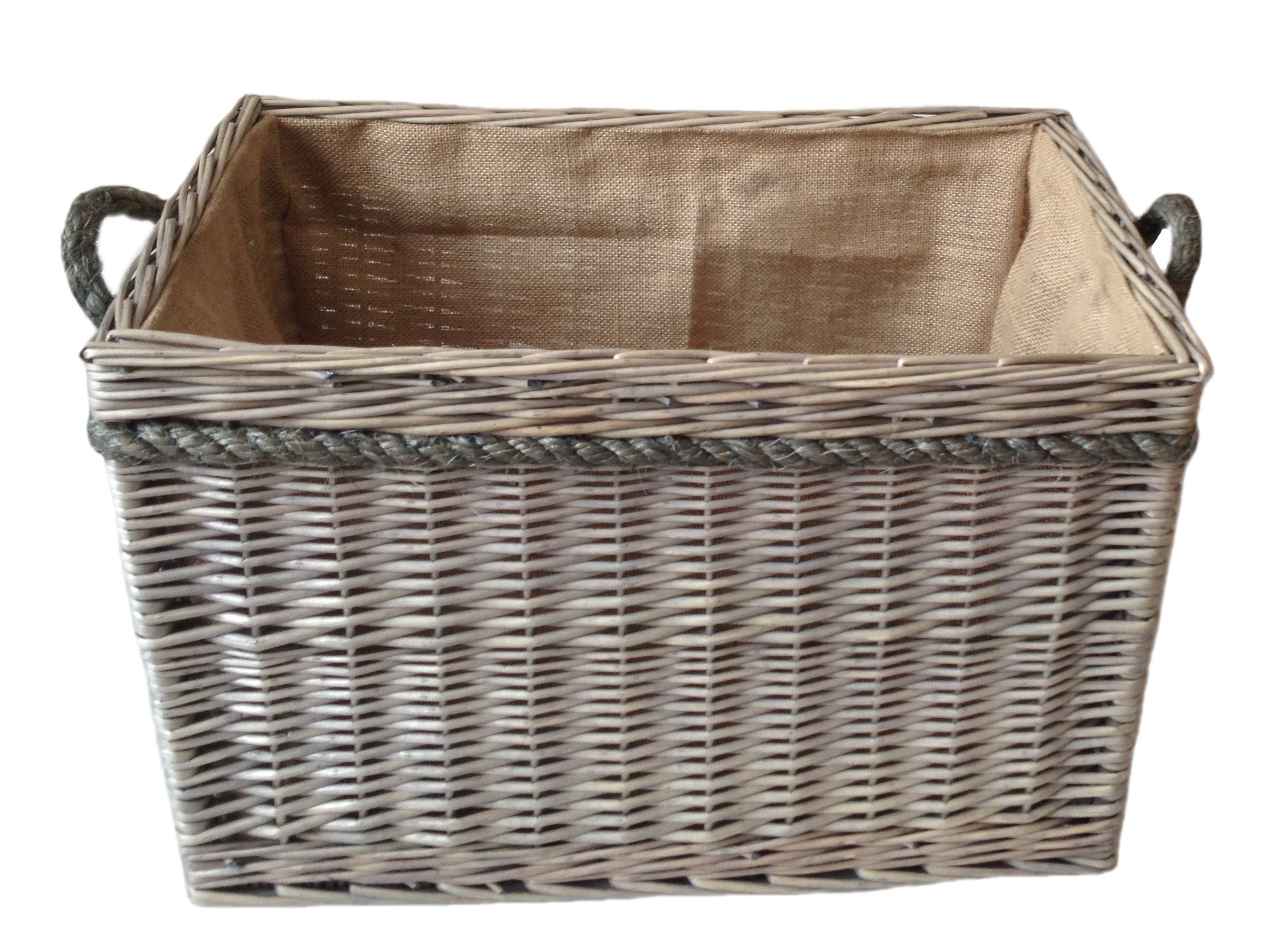 Large Delux Rectangular Hessian Lined Log Basket Antique Wash Finish Full Cane Willow Rope Handled