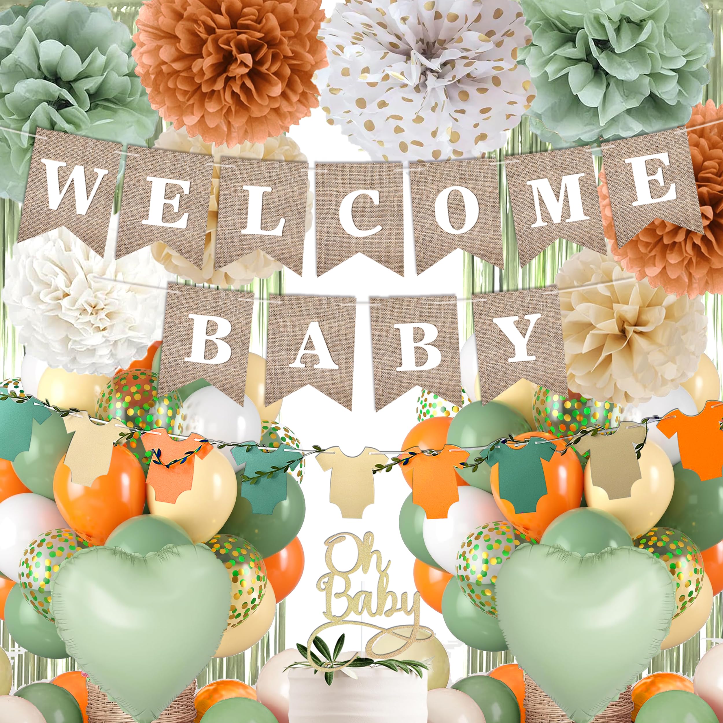 Orange Green Baby Shower Decorations-Welcome Banner Sage Green Sand White Confetti Balloon 'Oh-Baby' Cake Topper Fringe Curtains Paper Pom Poms for Boho Neutral Little Cutie Baby Shower Fall Party