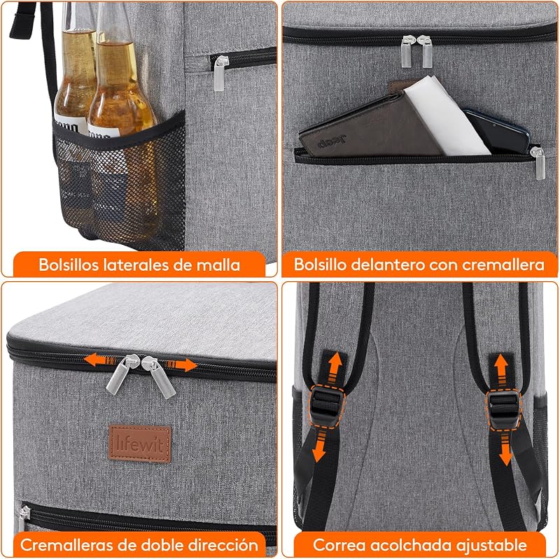 Mochila Nevera 24L (30 Latas), Mochilas Neveras Portatil Isotermica, Bolsa Termica Porta Alimentos Impermeable, Cooler Bag para Playa, Picnic, Camping, Viaje, Trabajo, Gris