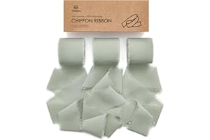 Vitalizart Sage Green Handmade Chiffon Silk Ribbon Fringe 3 Rolls 1.5" x 21 Yd Frayed Edges Ribbons for Wedding Invitations Bridal Bouquets Gifts Wrapping Crafts Holiday Decor