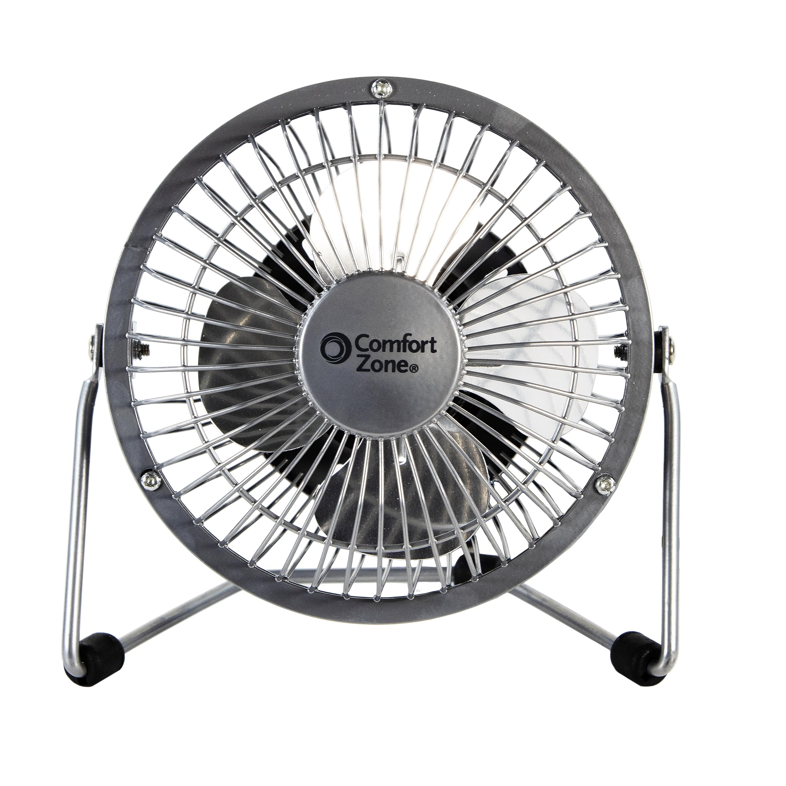 Photo 1 of Comfort Zone 4-inch All-Metal Desk Fan with USB or Power Cord, Single Speed, 360 Degree Adjustable Tilt, Compact & Durable Mini Electric Fan for Home, Office or Travel Use, Silver