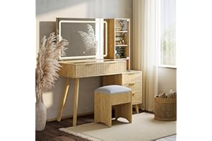 IDEALHOUSE 48" Makeup Vanity Desk with LED Lighted Mirror & Charging Station, Glass Top Dressing Table with Storage Stool, Je