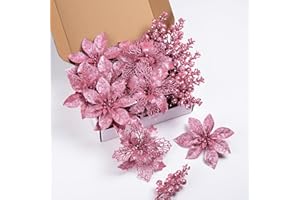 CHOONSHOW 24Pcs Pink Glitter Poinsettia Christmas Tree Ornaments and Glitter Berries Stems, 16Pcs Christmas Artificial Flowers and 8 Pack Christmas Tree Picks for Wedding Holiday Decorations