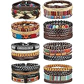 FIBO STEEL 31 Pcs Braided Leather Bracelets for Men Women Wooden Beads Cool Hemp Tribal Wristbands Cuff Punk Multilayered Bracelets