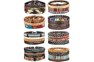 FIBO STEEL 31 Pcs Braided Leather Bracelets for Men Women Wooden Beads Cool Hemp Tribal Wristbands Cuff Punk Multilayered Bracelets