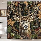 Rustic Deer Shower Curtain, Camo Hunting Elk Country Camouflage Forest Woodland Shower Curtain For Bathroom, Farmhouse Wildlife Cabin Lodge RV Camp Shower Curtain Set with 12PCS Hooks, 70X70IN