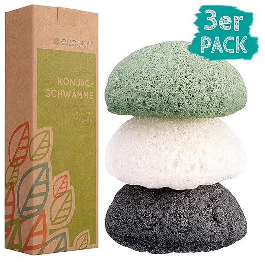 ecopura Konjac Schwamm Set (3 Stück), Gesichtsschwamm, Gesichtsreiniger für unreine und fettige Haut, Biologisch Abbaubar, 10