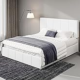 Allewie Queen Size Dutch Velvet Upholstered Platform Bed Frame/Vertical Channel Tufted Adjustable Headboard/Low Profile Bed Frame/No Box Spring Needed/Easy Assembly/White