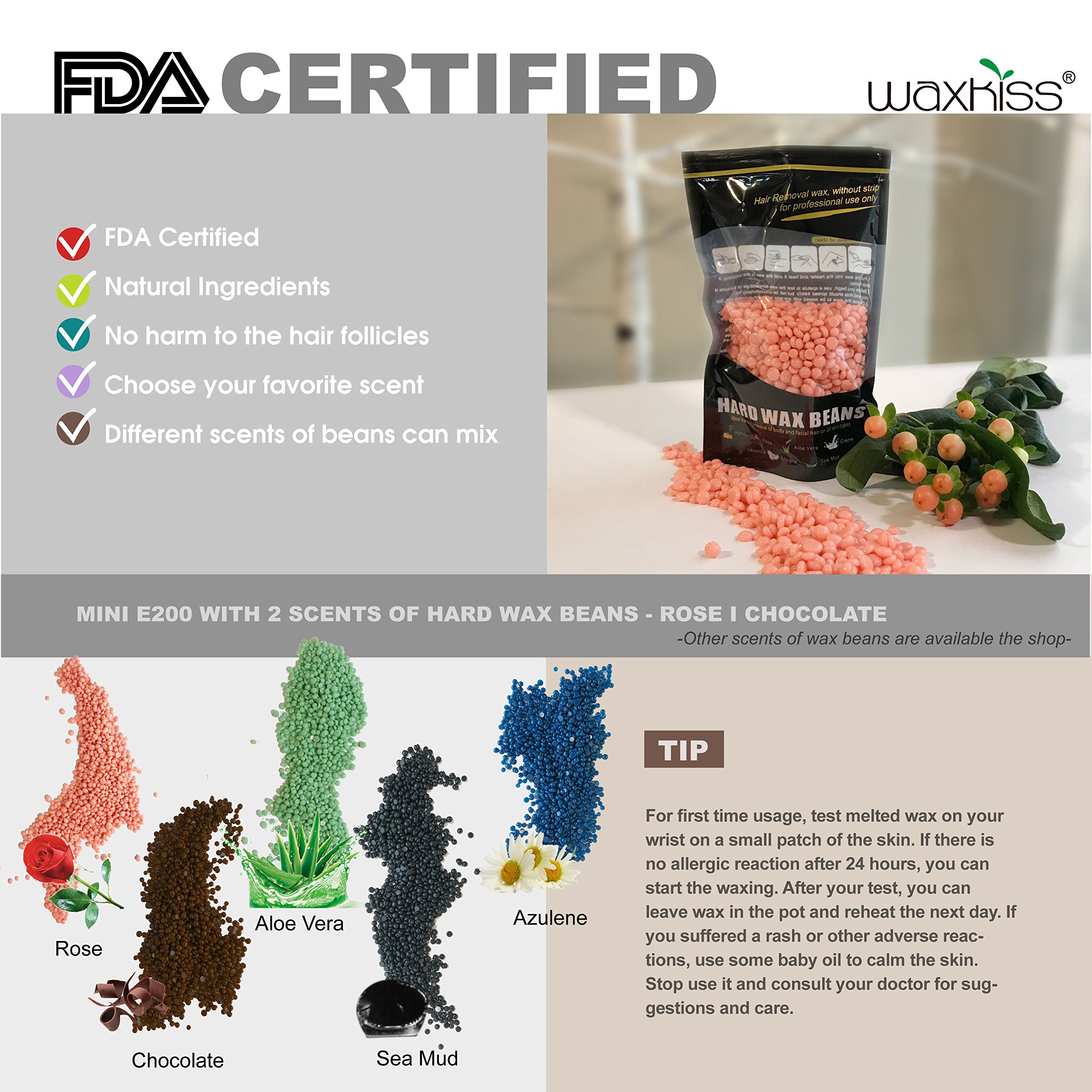 [ 2018 Upgrade Version ] Waxkiss Mini Wax Warmer Kit 7oz Hair Removal Wax Heater Kit One Key Control with Hard Wax Beans for Woman & Man Wax Kit (1 Wax Warmer & 2 Bags Wax Beans & 10 Wooden Sticks)