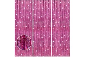 Accevo Pink Party Streamers 3Pack Glitter Foil Fringe Curtain 3.2ft x 8.2ft Pink Party Decor Photo Booth Streamers Metallic Tinsel Door Streamer for Valentines Day Decorations Christening Party Decor