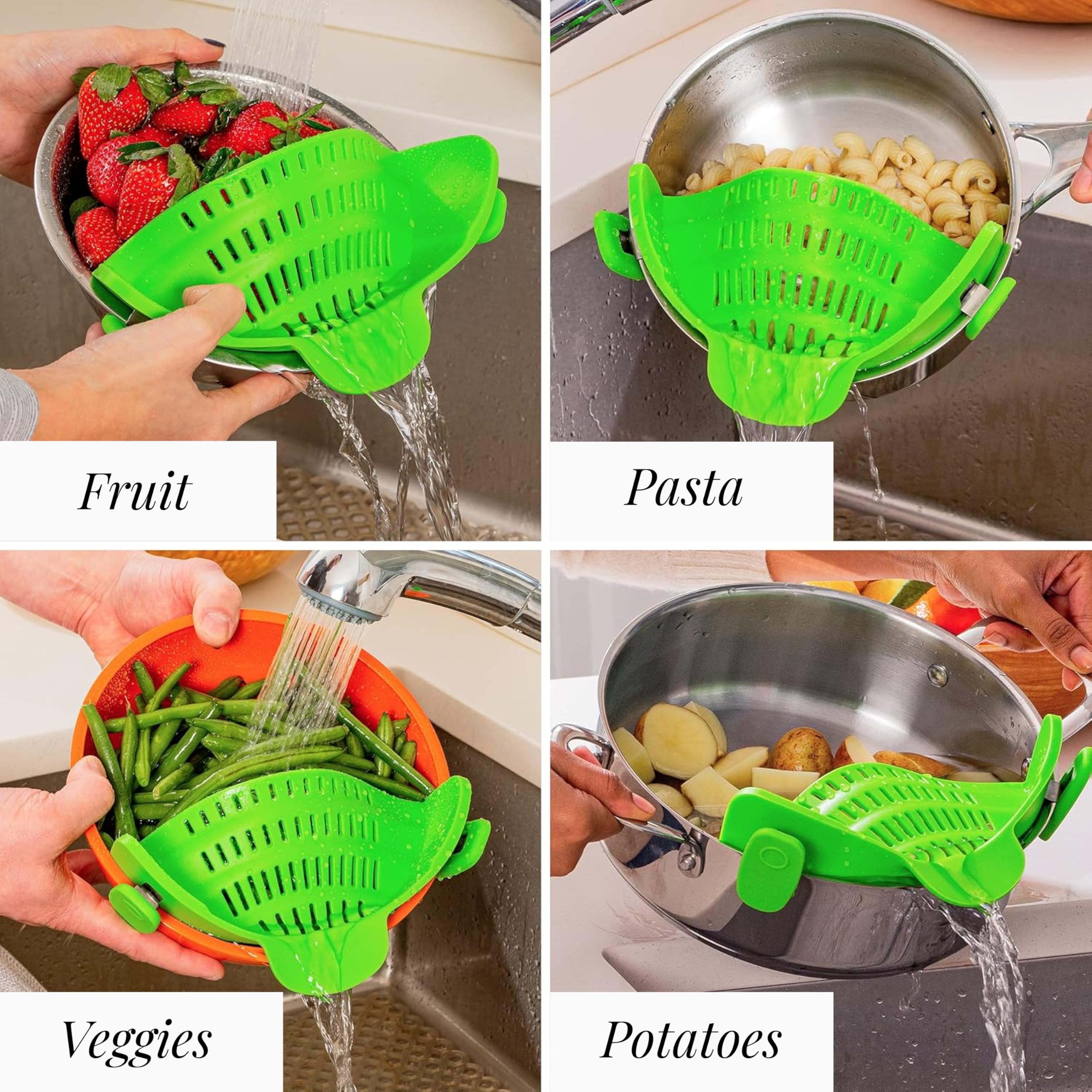 Kitchen Gizmo Snap N' Strain Clip On Strainer for Pots and Pans - Collapsible Silicone Pasta Strainer and Kitchen Gadget for Cooking - Easy to Use, Heat Resistant and Space Saving Colander - Green