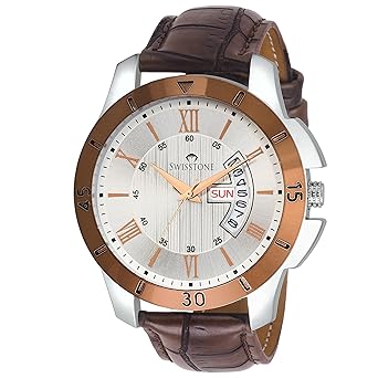 Swisstone G350-SLV-BRW Brown Leather Strap Wrist Watch for Men