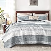 Andency Grey Striped Quilt Queen(90x96Inch), 3 Pieces (1 Striped Quilt and 2 Pillowcases) Patchwork Bedspread Coverlet Set, Soft Microfiber Lightweight Quilted Bedding Set