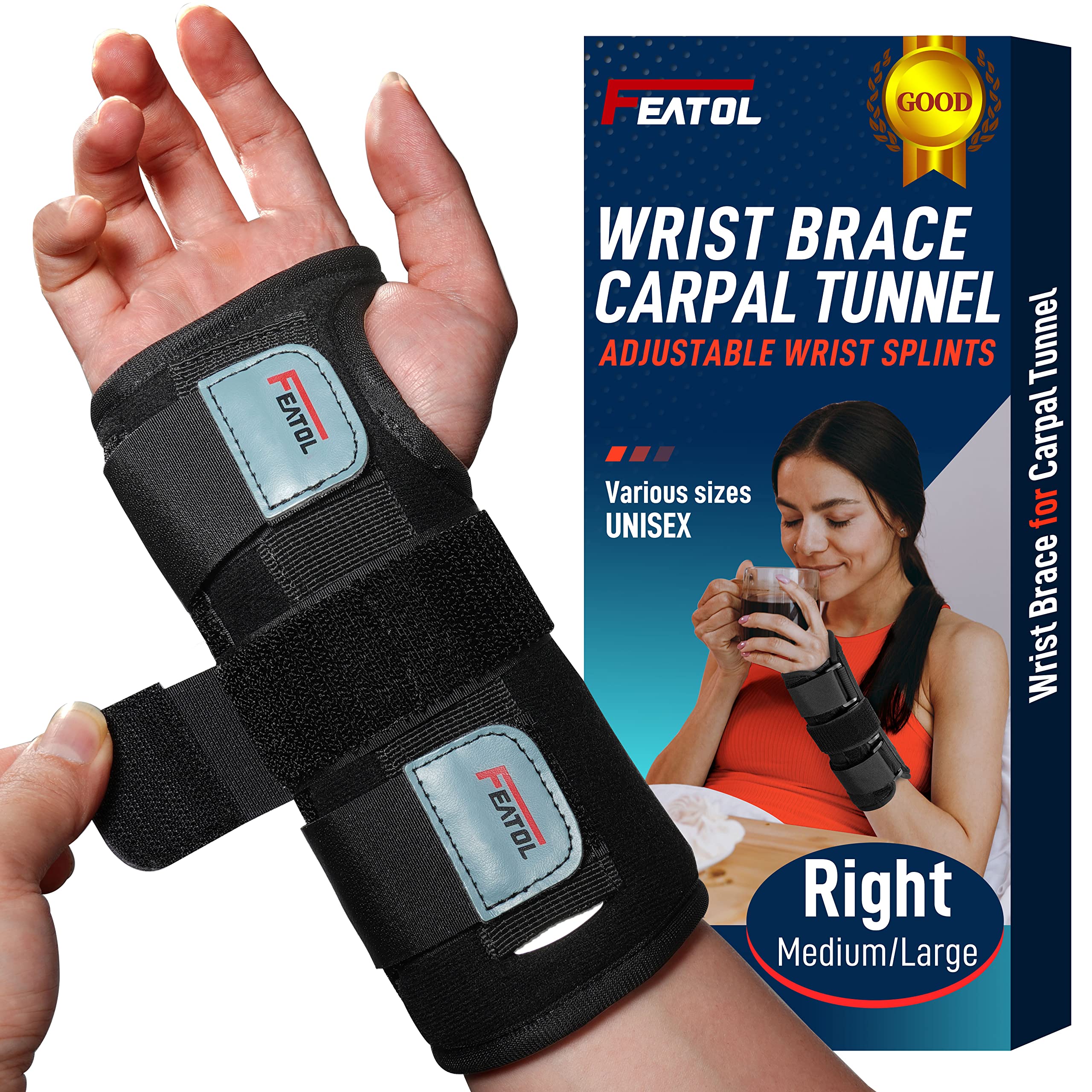 Photo 1 of FEATOL Wrist Brace for Carpal Tunnel, Adjustable Night Wrist Support Brace with Splints Right Hand, Medium/Large, Hand Support for Arthritis, Tendonitis, Sprain, Injuries, Wrist Pain