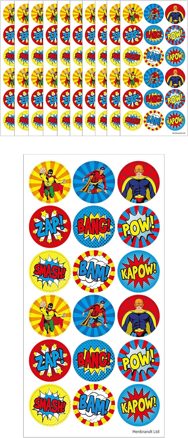 Henbrandt Large Superhero Stickers 180 Assorted Super Hero Stickers Teachers School Reward Arts and Crafts for Kids Birthday Party Bag Favours Loot Bag Fillers Lucky Dip Favours for Girls and Boys
