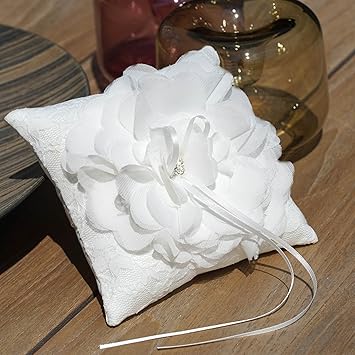 EinsSein 1x Ringkissen Hochzeit klein 15x15 Blume Creme Traukissen Ringe Eheringe Flower Basket Herzen Schmuck Schleife Tüll 