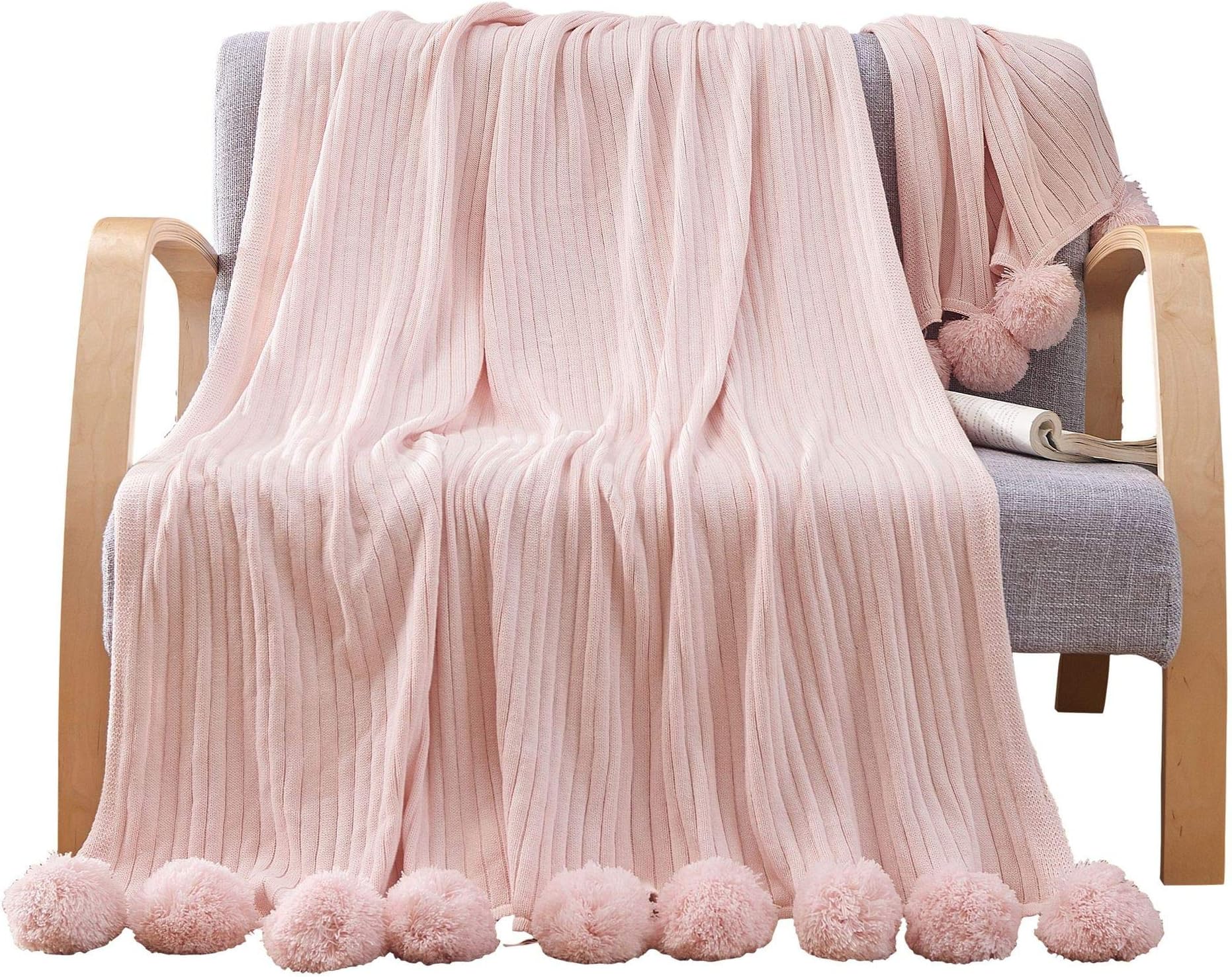 MOOJIIN 100% Cotton Solid Hypoallergenic Knitted Reversible Lightweight Pompoms Fringe Throw Blanket for Home Decorative Décor Bed Sofa Couch Chair(59"x79",Light Pink)