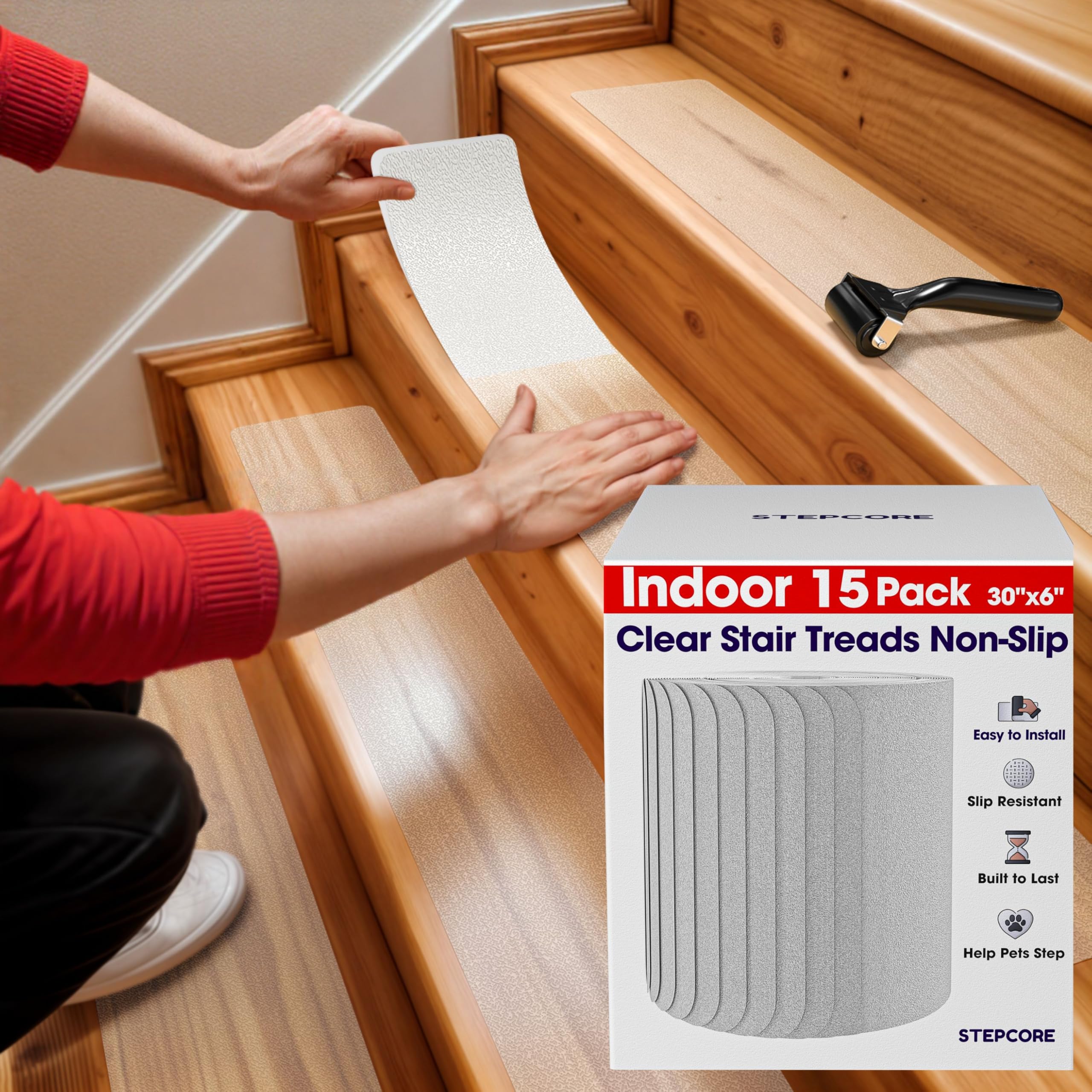 Photo 1 of Clear Non Slip Stair Treads for Wooden Steps Indoor 30"x6" – 15-Pack Peel Stick Stair Treads – Self Adhesive Transparent Step Covers – Stair Grip Tape for Dogs, Kids – by STEPCORE