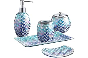 Whole HOUSEWARES Bathroom Accessory Set - 5-Piece Decorative Glass Bathroom Accessories Sets with Mosaic Glass Finish - Bath Room Set Includes Soap Dispenser, Tray, Jar, Toothbrush Holder - Blue
