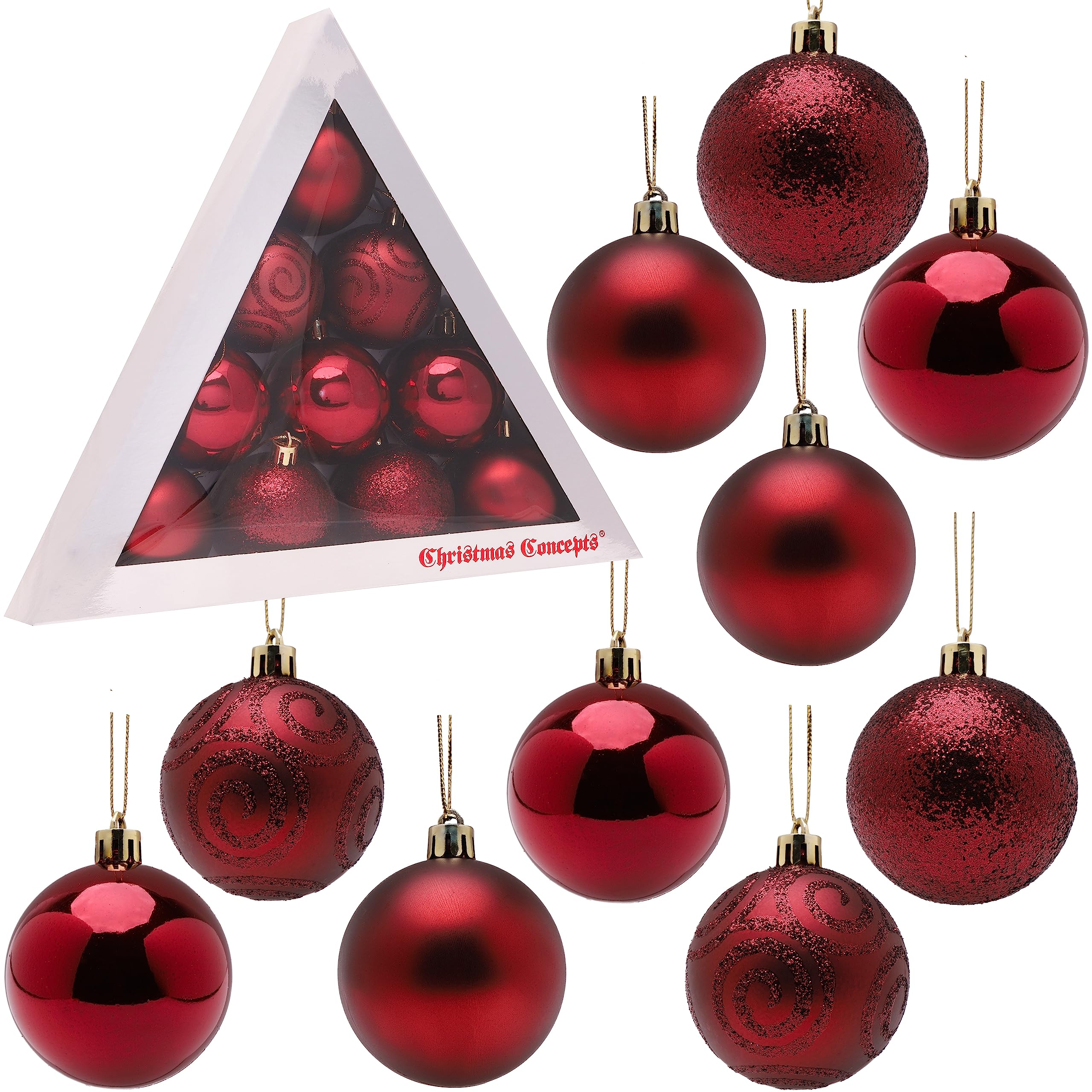 Christmas Concepts® Pack of 10-60mm (2.4") Christmas Tree Baubles - Shiny, Matte & Glitter Decorated Baubles (Rioja Red)