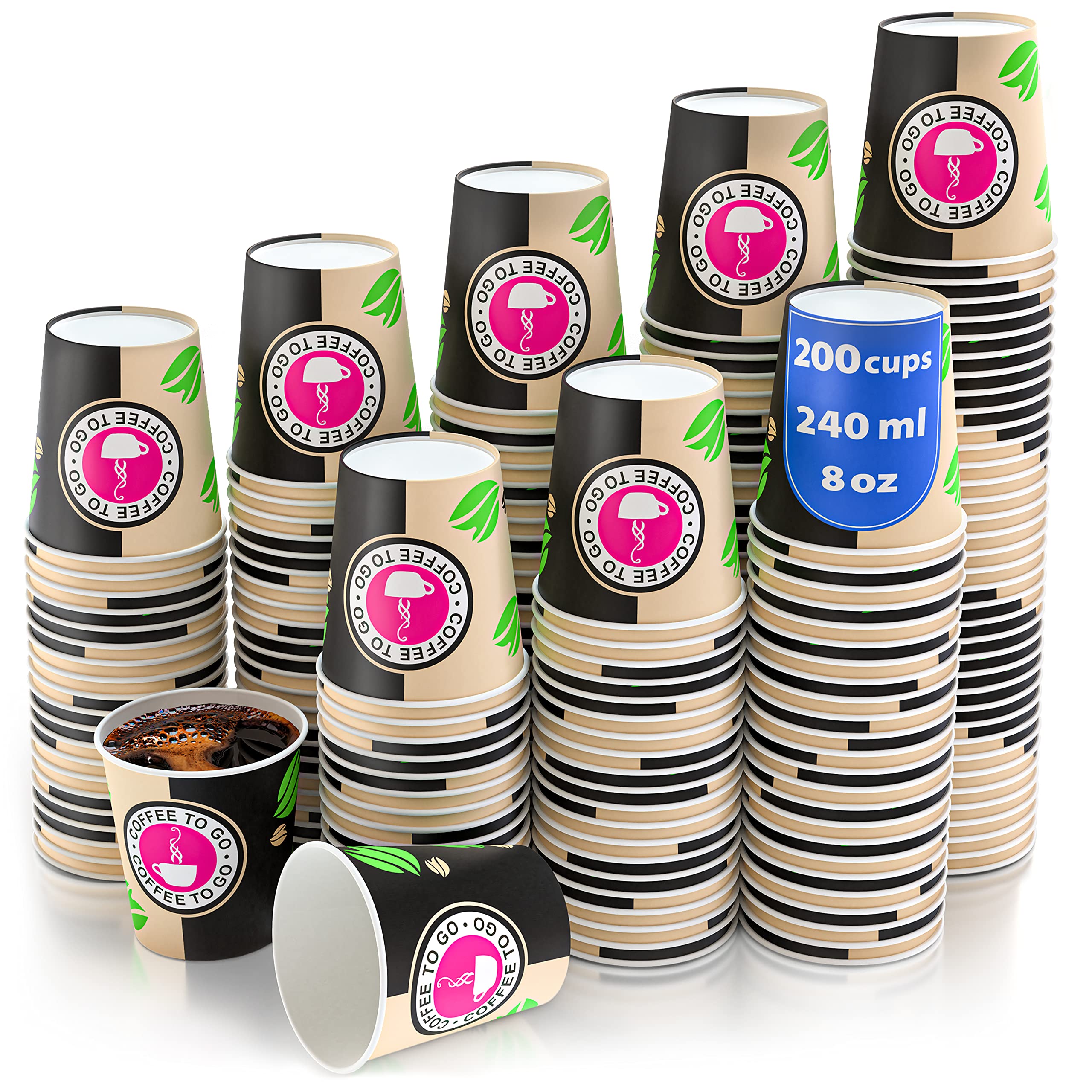 200 Paper Cups Coffee to Go - 8 Onzes Coffee Cups for Serving Coffee, Tea, Hot and Cold Drinks