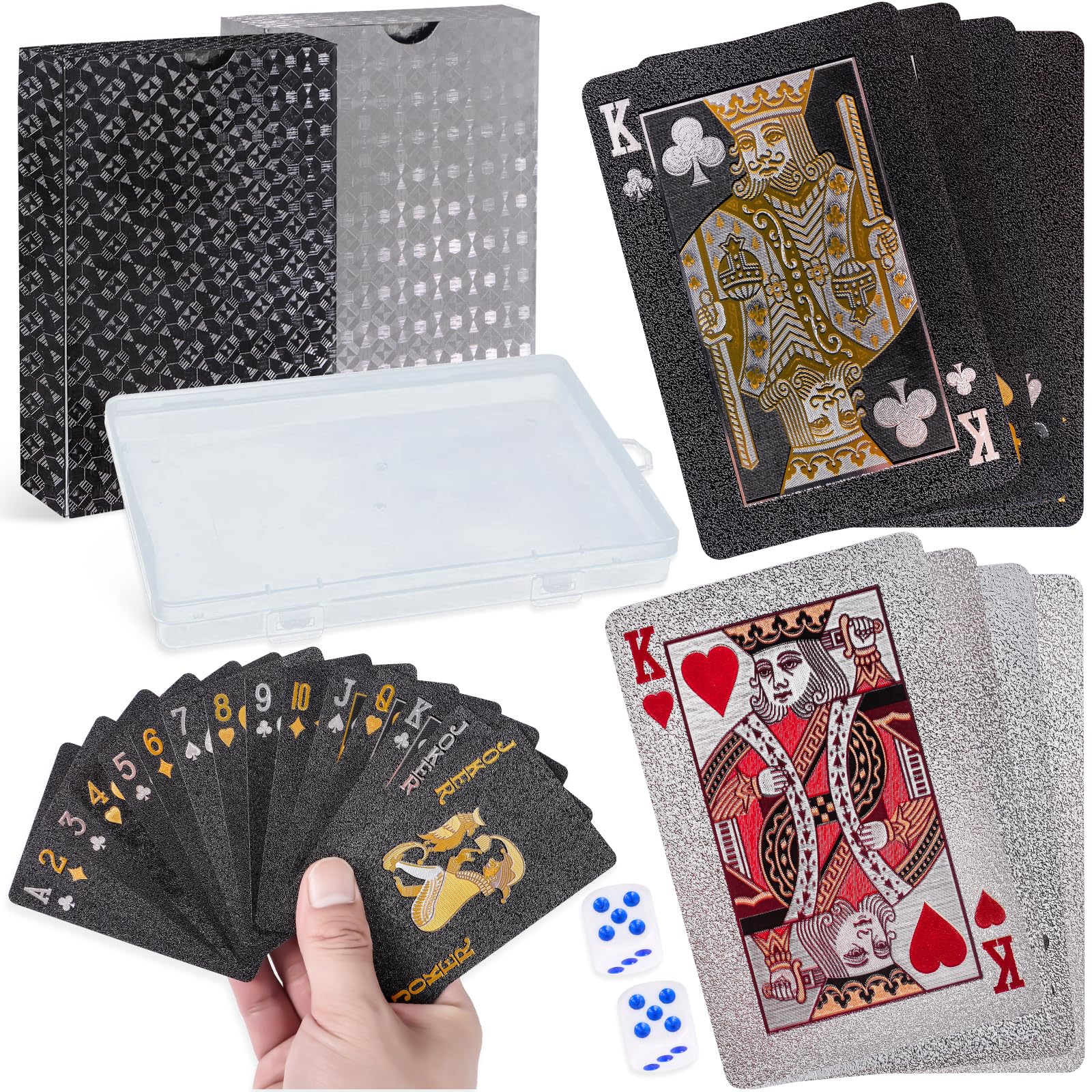 HaoHanEup 2 Pack Plastic Playing Cards, Cool Playing Cards, Waterproof Deck of Card with Storage Box, Non-slippery Poker Card for Gift Party Game (Silver+Black)