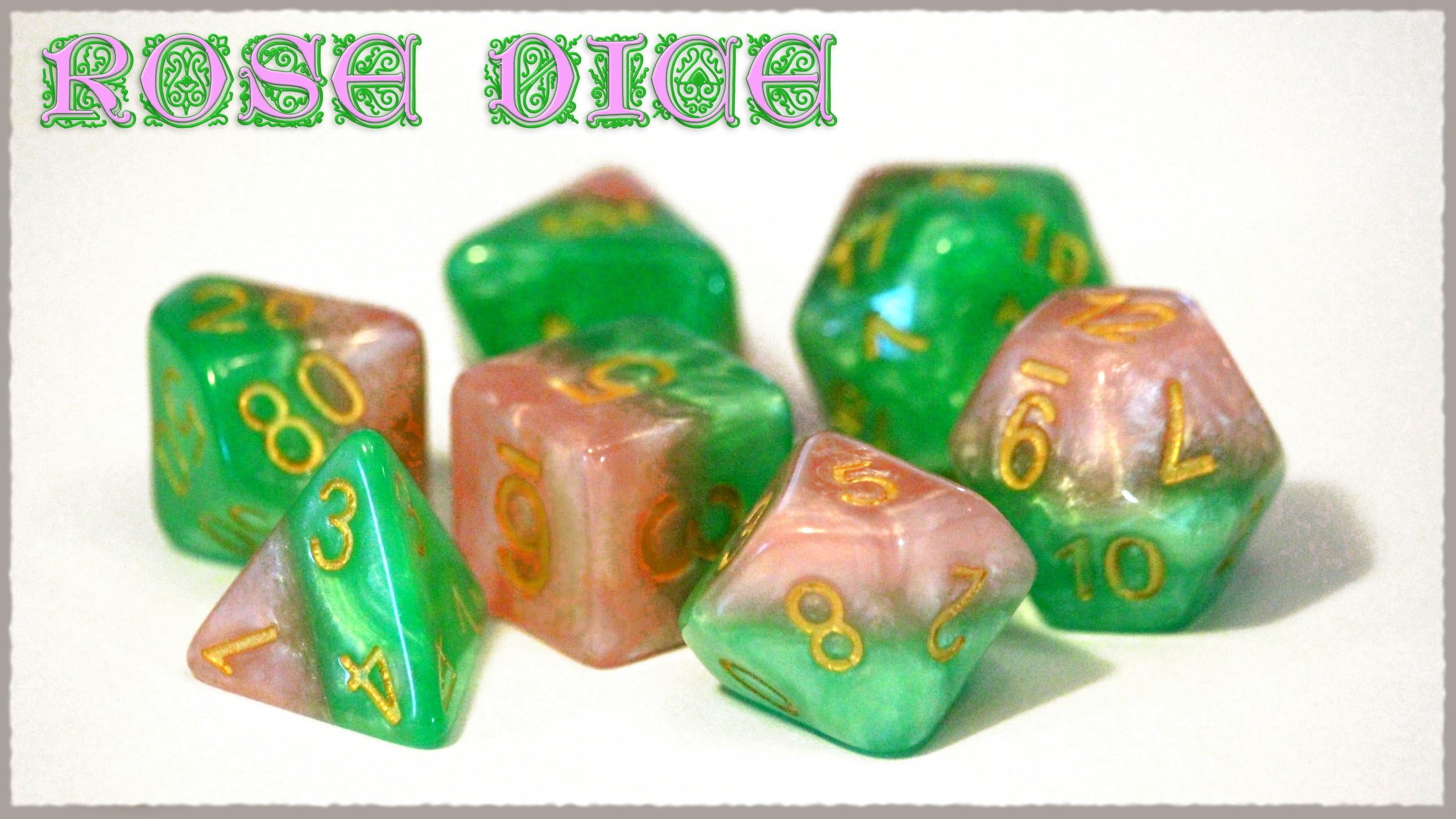 Gate Keeper Games Rose Dice Halfsies Dice - 7 die polyhedral dice Set - Rose Petal Pink & Thorn Green - Gold Numbering