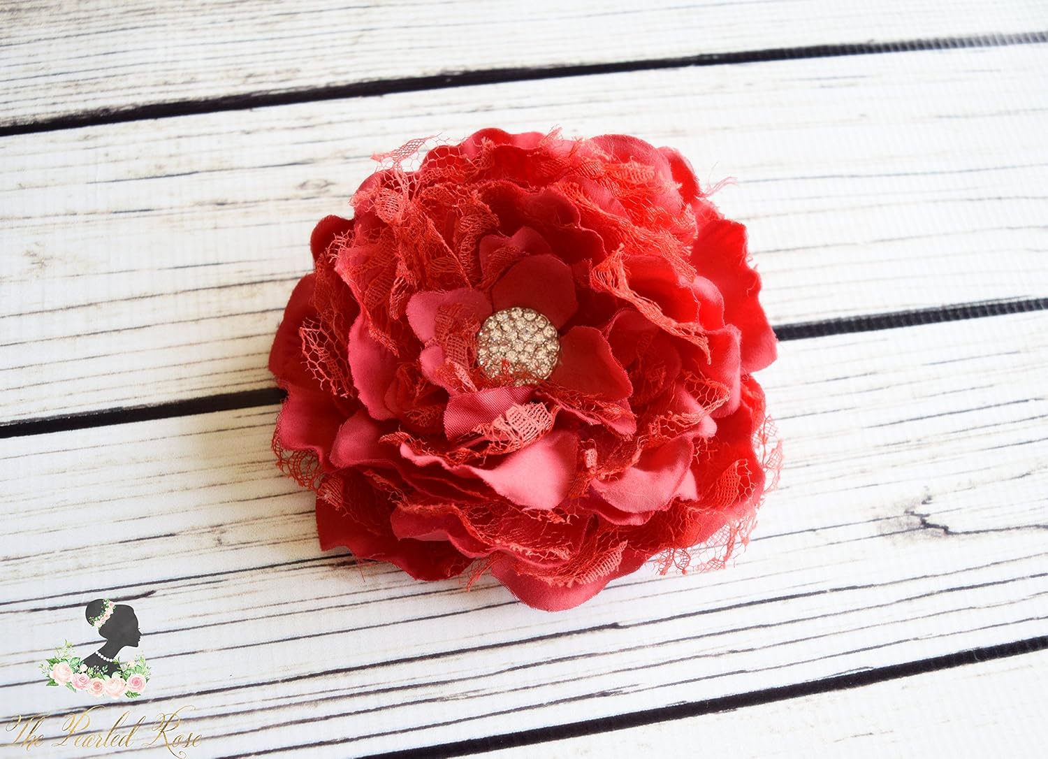 Handcrafted Red Rose Pin Red Lace Peony Brooch