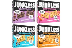 JUNKLESS Chewy Granola Bar 4‑Flavor Variety Pack (24 Bars)–Non‑GMO, Gluten‑Free, Less Sugar Snack Bars— Chocolate Chip, Double Chocolate, Peanut Butter Chocolate Chip & Real Strawberry, 4 Boxes