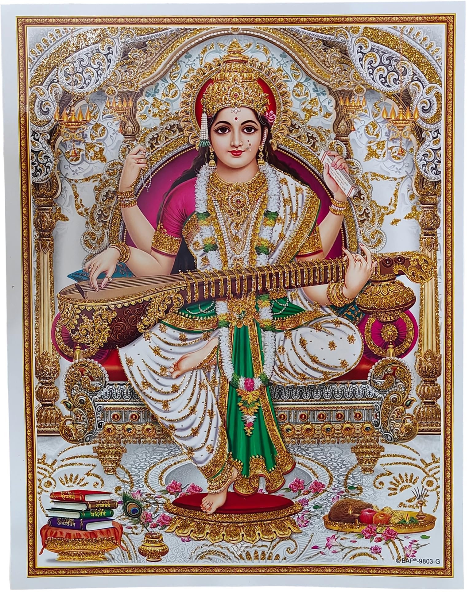 Rastogi Handicraft Best Of Indian Reprint Hindu God Poster/Picture With Unframed (Saraswati-Ji-White-BG-11 X9)