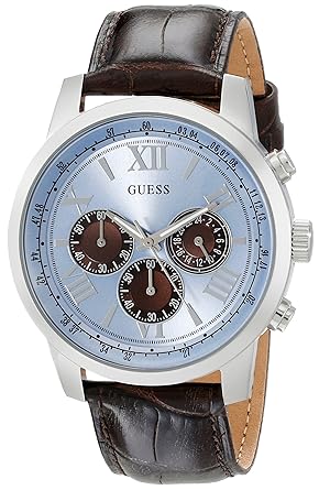 GUESS Mens U0380G6 Dressy Stainless Steel Multi-Function Watch with Chronograph Dial and Genuine Leather Strap Buckle