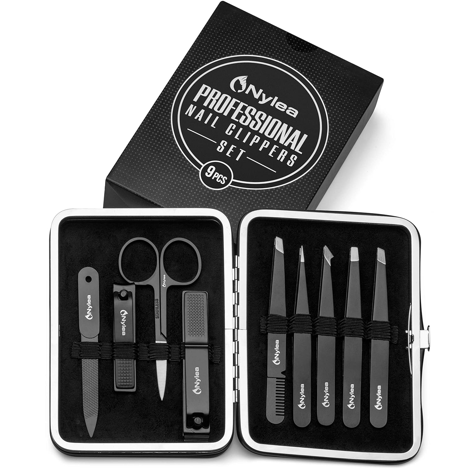 Nylea 9pcs Precision Tweezers with Nail Clippers Set - Stainless Steel Slant Pedicure Scissors for Toe Nail, Eyelashes Eyebrows Extensions, Ingrown Hair - Acrylic Thick Fingernails for Men & Women : Beauty
