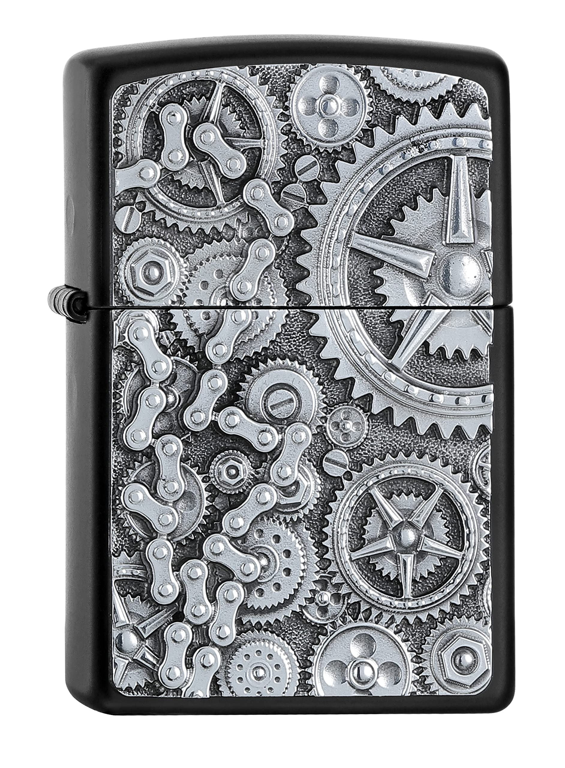 Zippo - Windproof Lighter, 3D Chain and Gear Wheel, Matt Black, Emblem, Refillable, Reusable, Windproof Design, Gift Box, Made in the USA