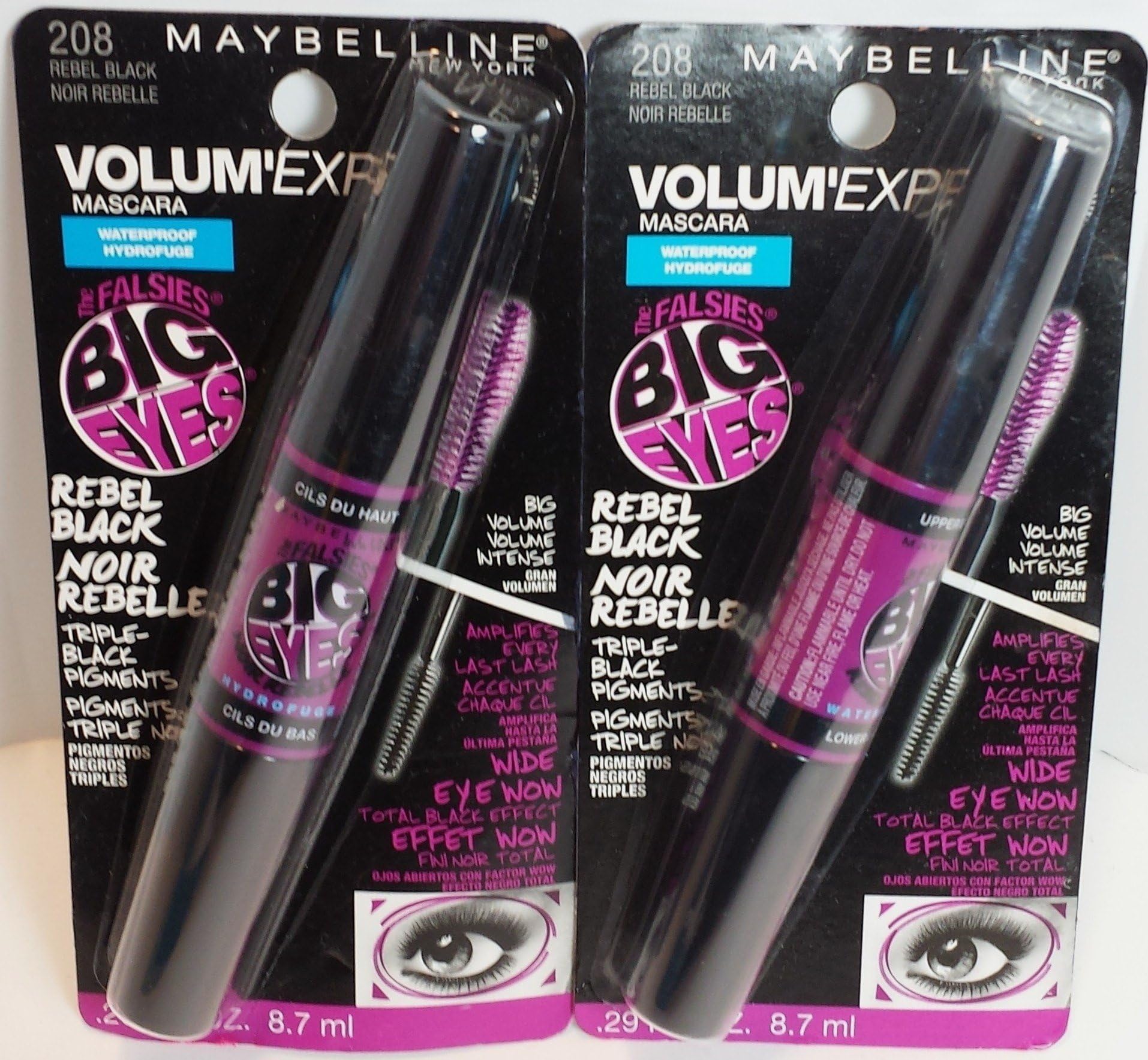 2-MARBELLINE NEW YORK THE FALSIES BIG EYES WATERPROOF REBEL BLACK # 208 (PACK OF 2)