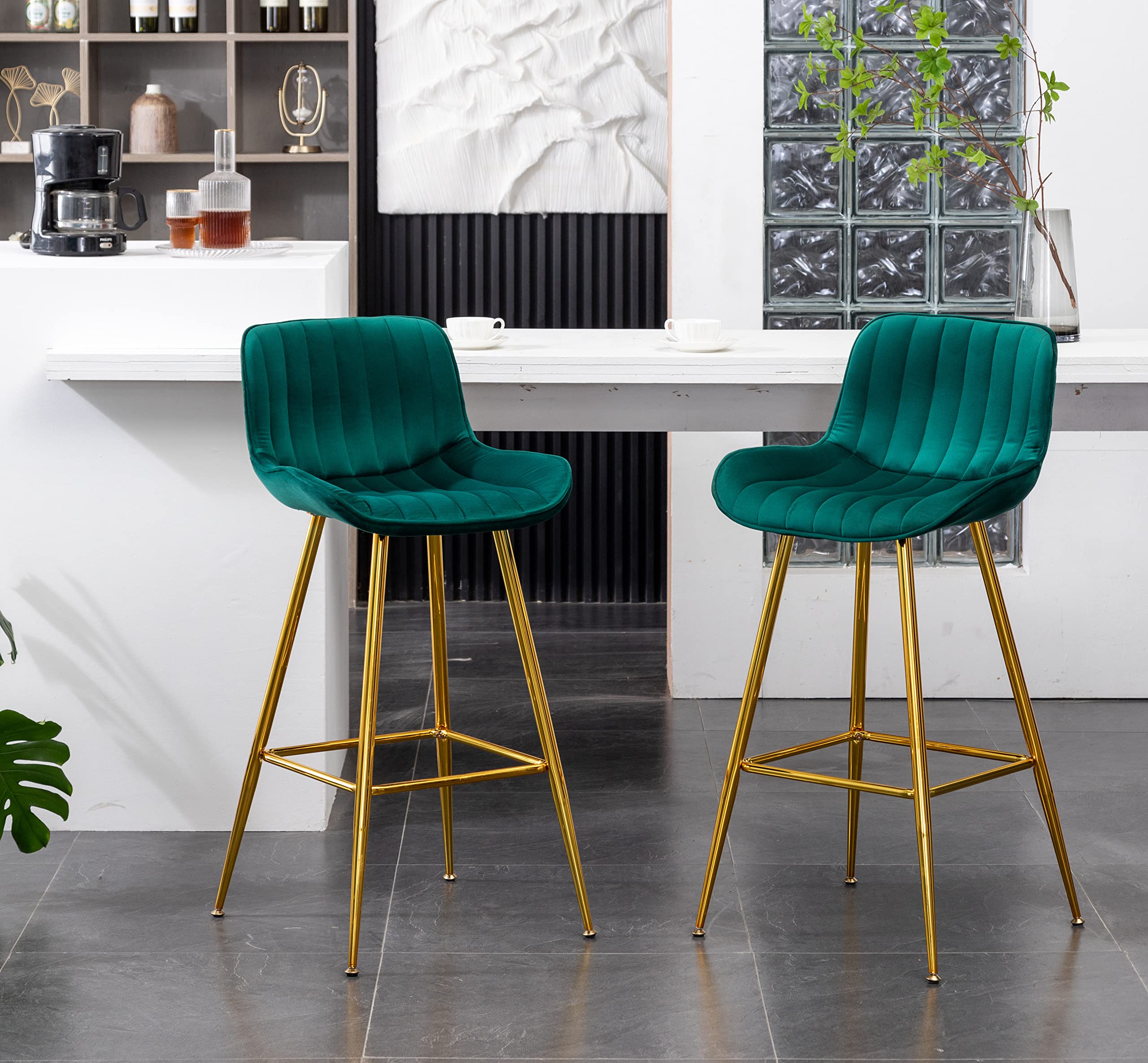 Photo 1 of ** BRAND NEW ITEM ** Sidanli Velvet Barstools Set of 2, Green Bar Height Chairs Set of 2 with Gold Legs, 29 inch Seat Height Comfortable Island Stools with Back
