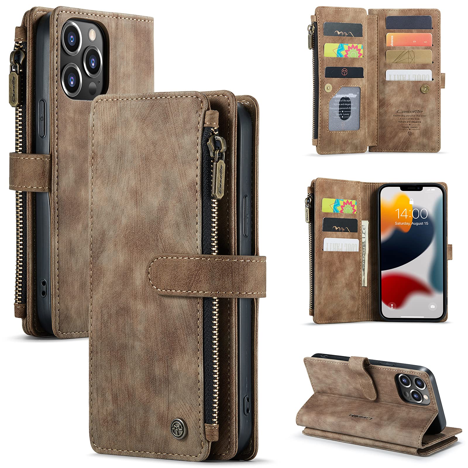 SeNool Case Compatible with iPhone 13 Pro Max, Premium Leather Wallet Case with [Credit Card Holder Slot] [Kickstand Flip] [Magnetic Closure] Protective Cover Compatible with iPhone 13 Pro Max - Brown