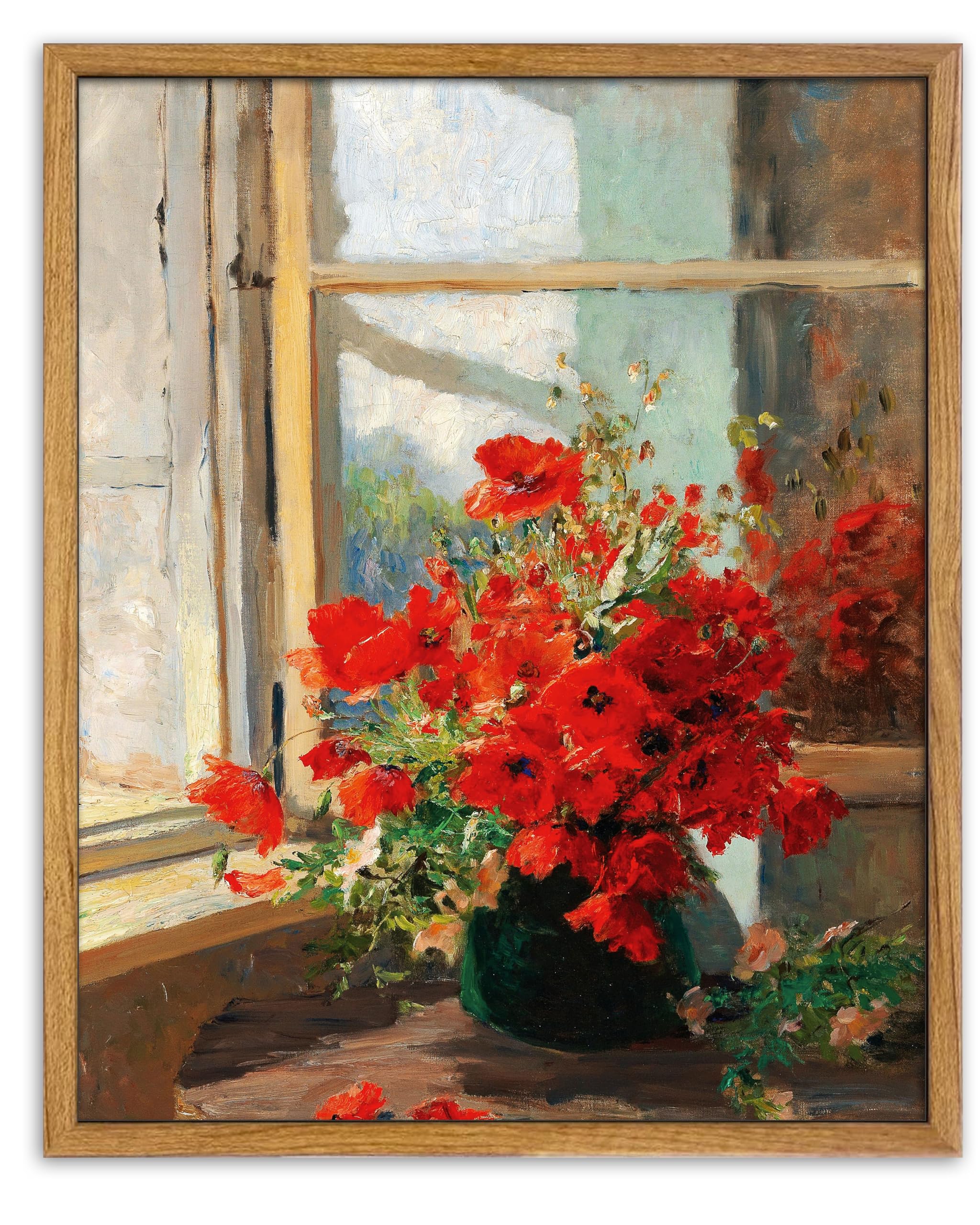 UPWOIGH Red Poppies Framed Wall Art,12x16in Vintage Wall Art,Rustic Window Painting,Modern Farmhouse Decor,Red Flowers Print, Floral artwork,Antique Wall Decor for Bedroom Bathroom Office,1Pack Gift