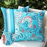 Phantoscope Pack of 2 Outdoor Indoor Throw Decorative Pillow Cover Decorative Waterproof Striped Floral Patio Pillows Cushion Case for Couch Tent Park, Turquoise 18 x 18 Inches